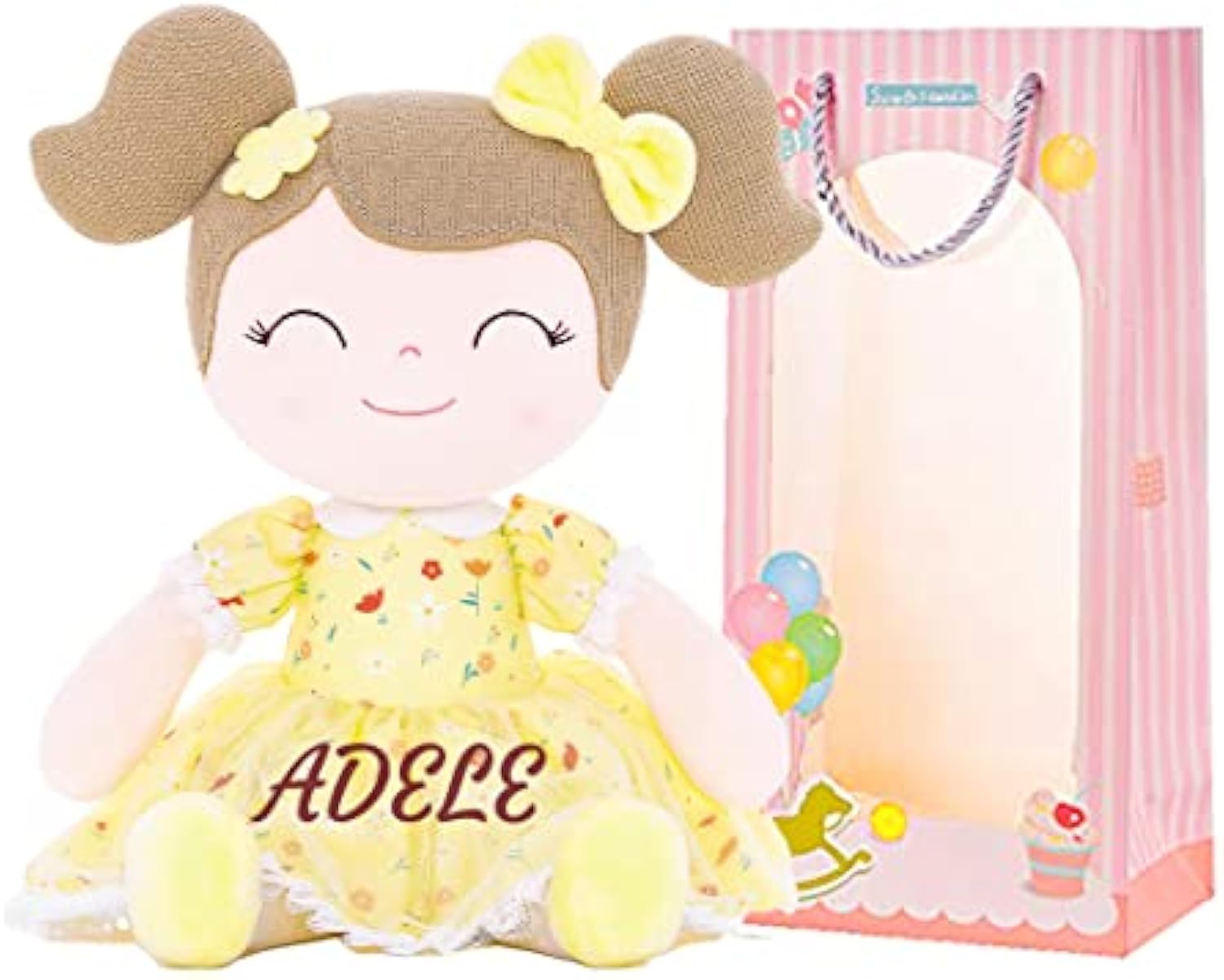 Gloveleya Personalized Doll with Your Name - Cute Floral Yellow Custom Soft Plush Doll for Girls Plush Doll Customized Gifts