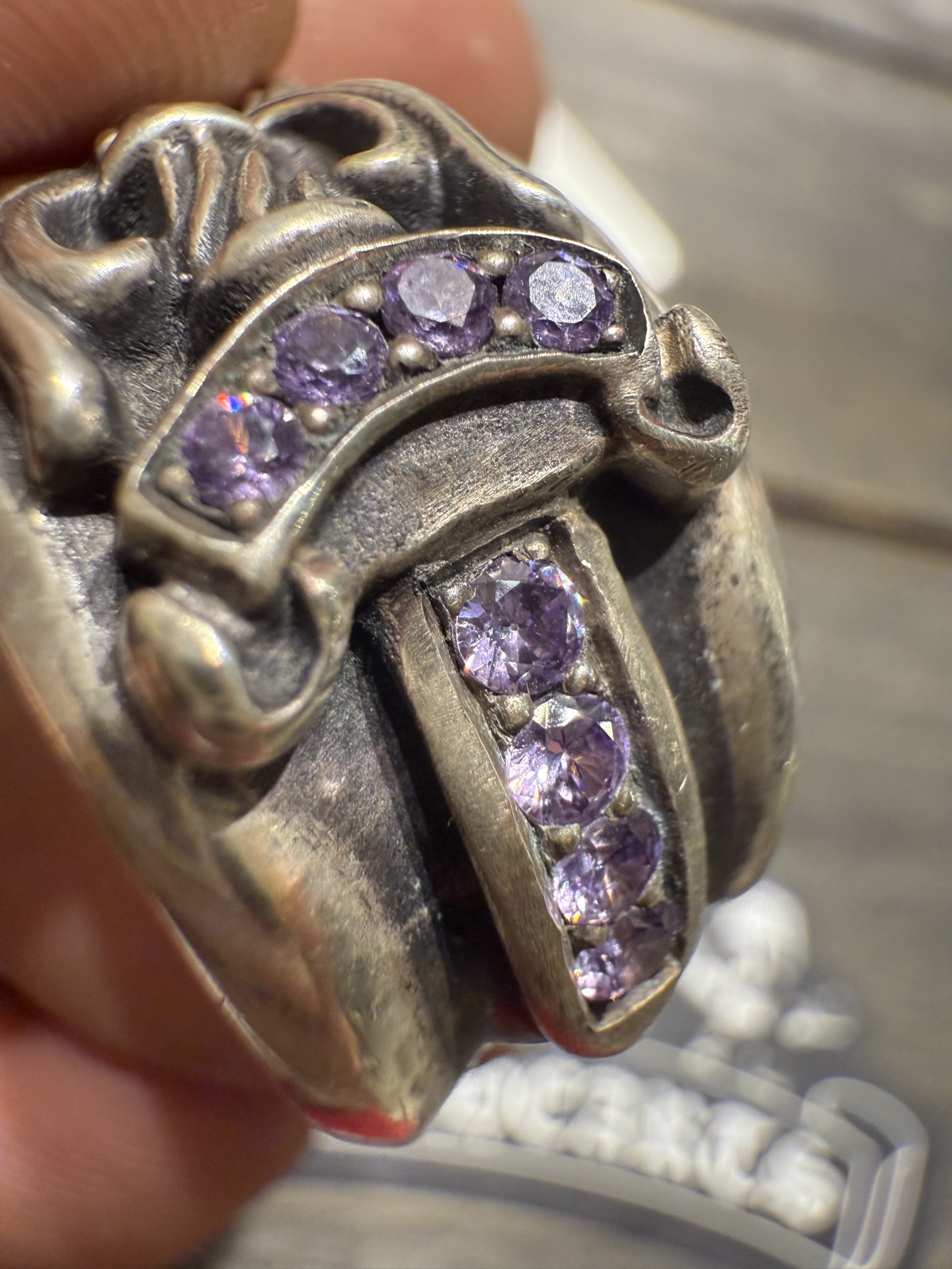 Custom-made purple diamond-encrusted sword and dagger ring for our client. Top-tier setting craftsmanship and perfect engraving details.