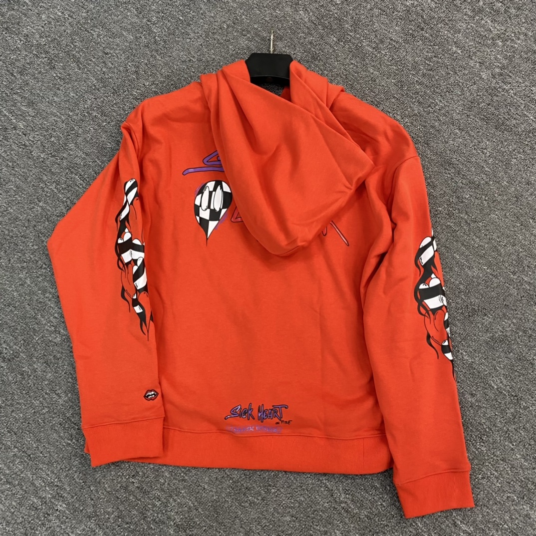 Chrome Hearts' latest Mattyboy series sweatshirt. Made with custom-dyed pure cotton orange-red fabric, featuring imported ink printing for a three-dimensional effect. The complex coloring process results in high costs. Custom-made to order, perfect d