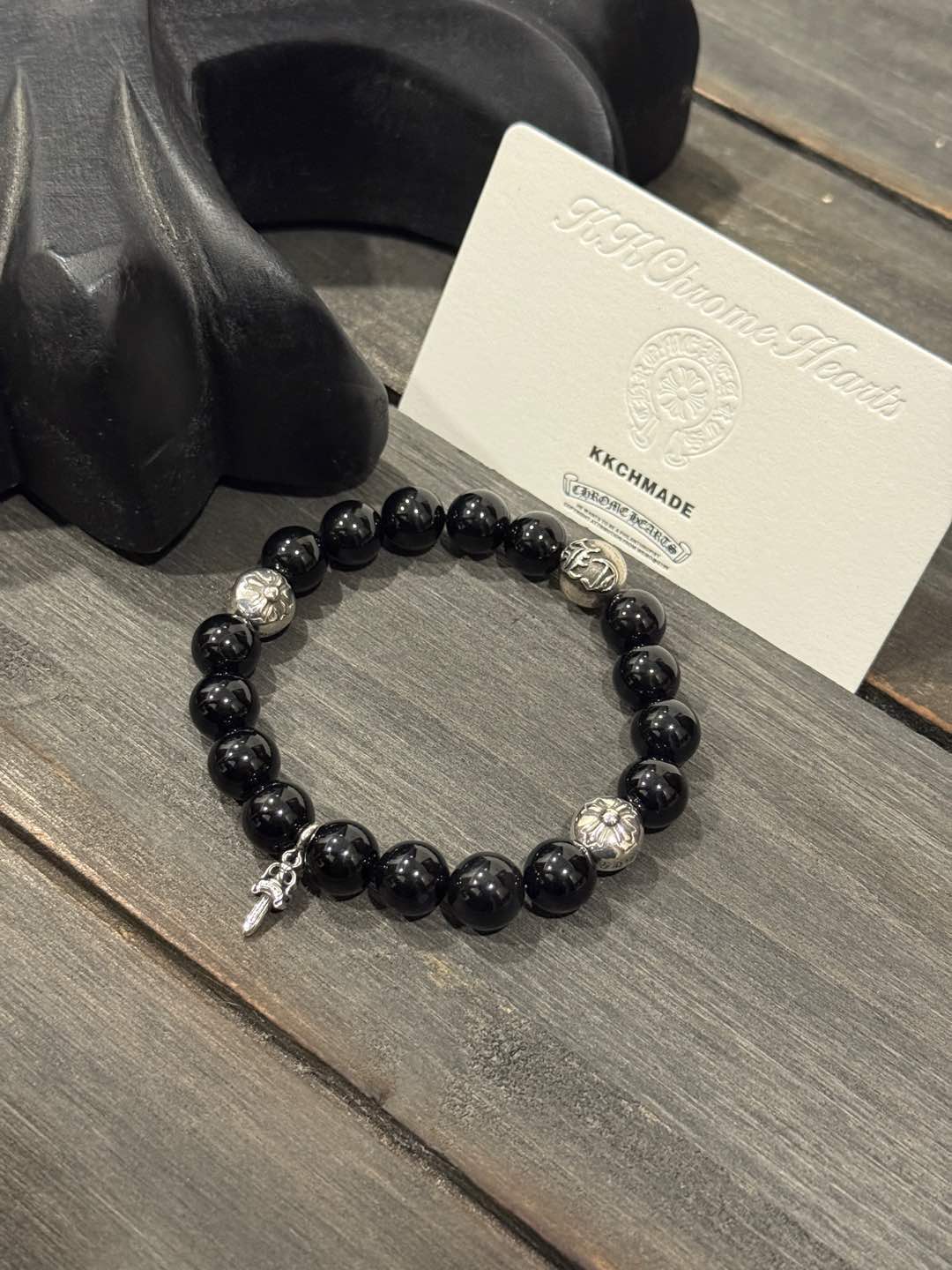 Customer order: Obsidian sword with 4 silver beads