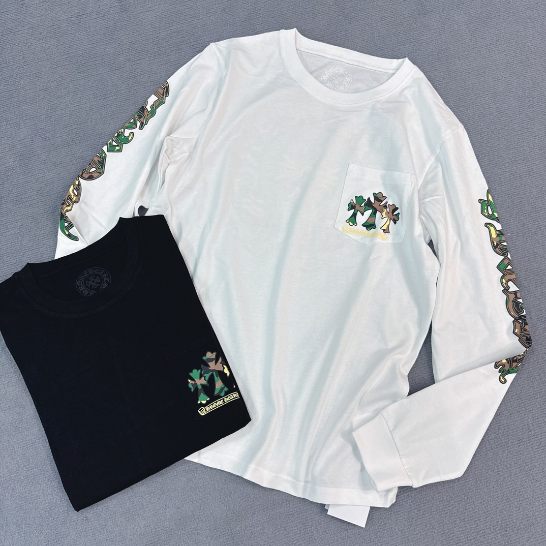 Chrome Hearts Camouflage Horseshoe Long-Sleeve ShirtFurniture: Custom-woven and dyed 40% count 230g pure cotton, single-sided reactive dyeing. The entire garment features a hand-printed thermosetting ink, resulting in a slightly matte finish rather