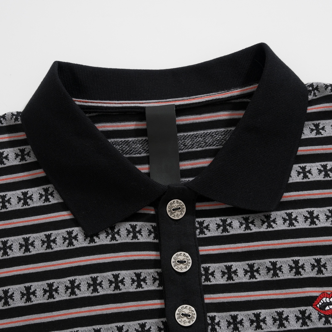 New Arrival: Chrome Hearts C2023FW CH Jacquard Striped Polo Long-Sleeve T-Shirt. Custom-dyed jacquard cross fabric, four colors available. Custom buttons on the neckline, embroidered chest, custom-dyed ribbed fabric. Sizes: S-L. Unisex.