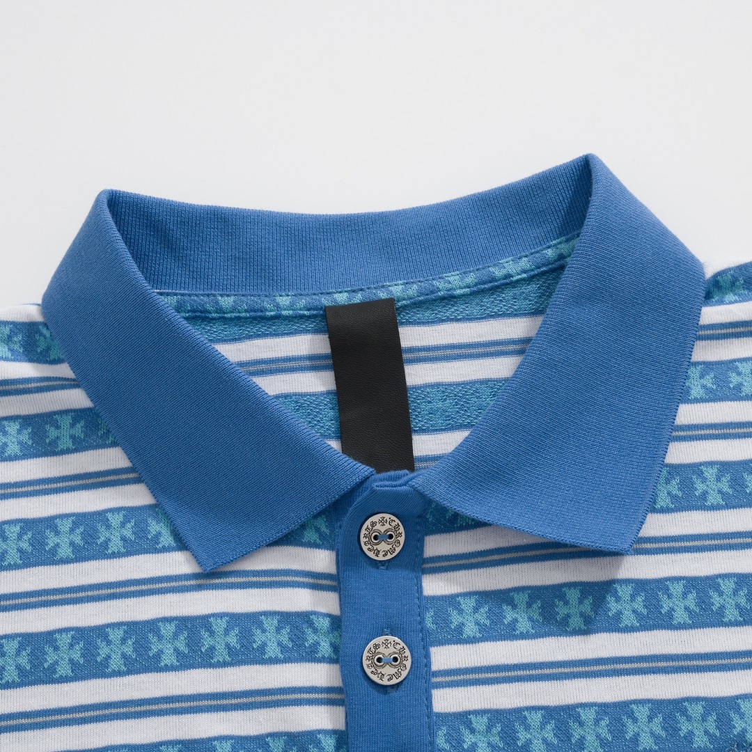 New Arrival: Chrome Hearts C2023FW CH Jacquard Striped Polo Long-Sleeve T-Shirt. Custom-dyed jacquard cross fabric, four colors available. Custom buttons on the neckline, embroidered chest, custom-dyed ribbed fabric. Sizes: S-L. Unisex.