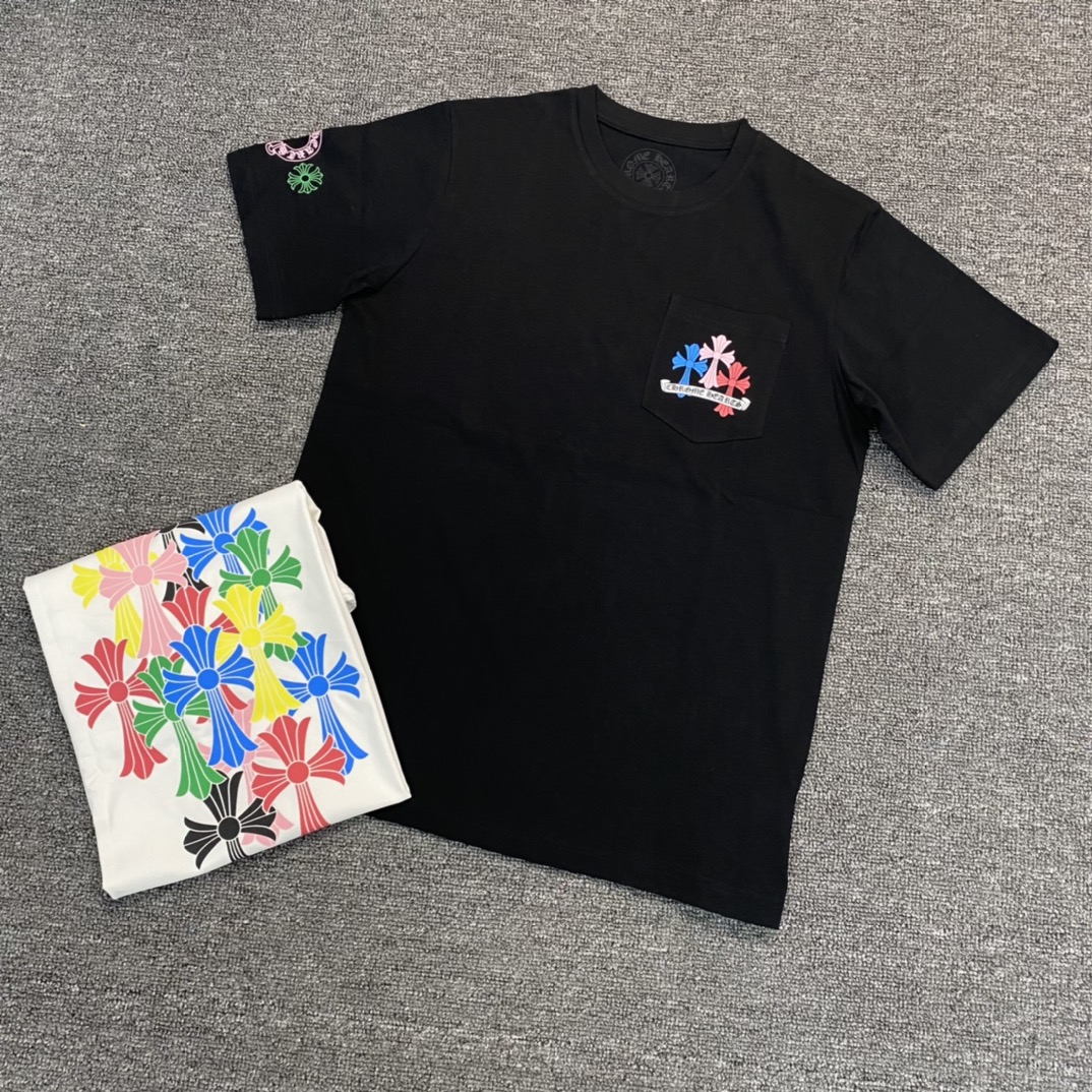 Chrome Hearts CH Colorful Cross Short-Sleeve T-ShirtFurniture: Custom-woven and dyed 40% count 230g pure cotton, single-sided reactive dyeing. The entire garment features a hand-printed thermosetting ink, resulting in a slightly matte finish rather