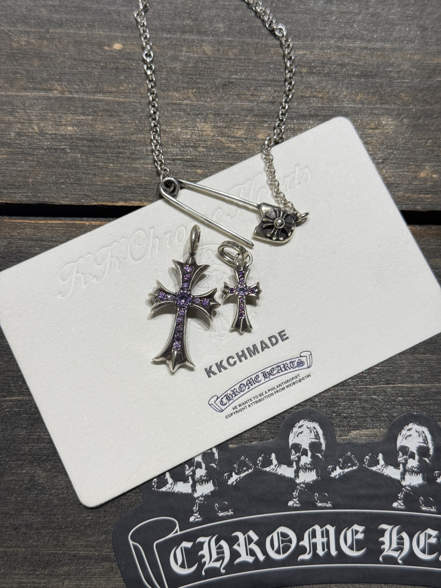 925 Sterling Silver, Double Cross Inlaid with Purple Diamonds, Top-Tier Setting and Engraving Details. Outshines all others on the market; the best in China, bar none.