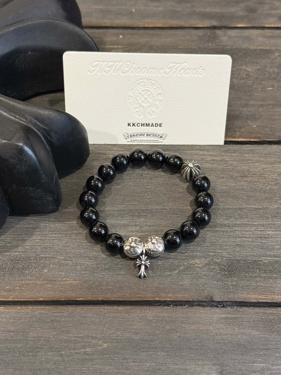 Customer order: Obsidian Cross 4-Silver Bead Bracelet
