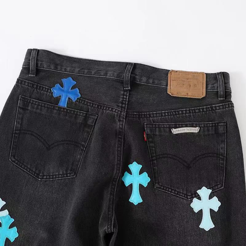 CH London Exclusive Blue Leather Patchwork Black Jeans. These jeans feature three shades of blue lambskin (ice blue, lake blue, and dark blue), each meticulously selected from hundreds of samples. The fabric is made with 501 special material for the