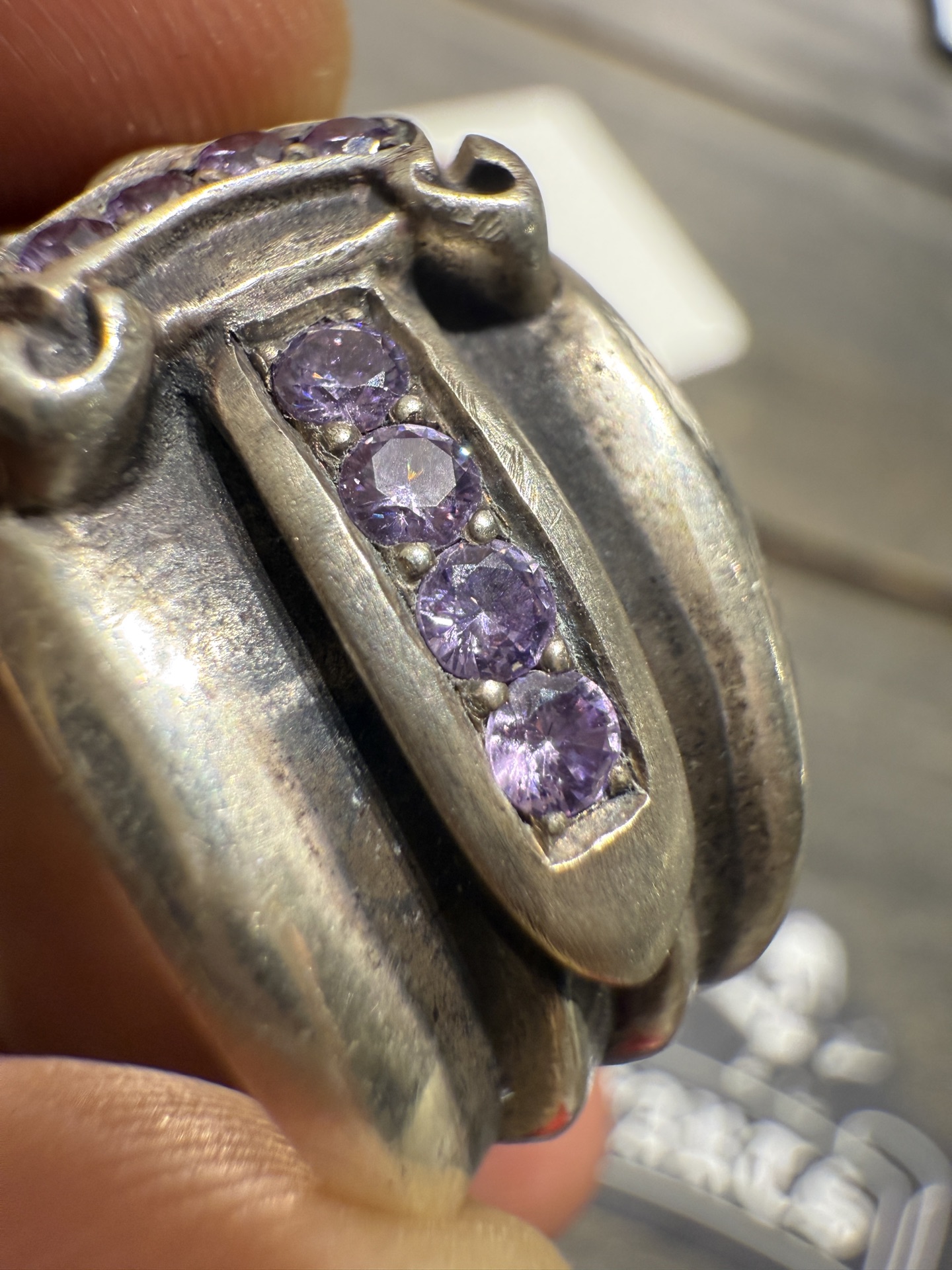 Custom-made purple diamond-encrusted sword and dagger ring for our client. Top-tier setting craftsmanship and perfect engraving details.