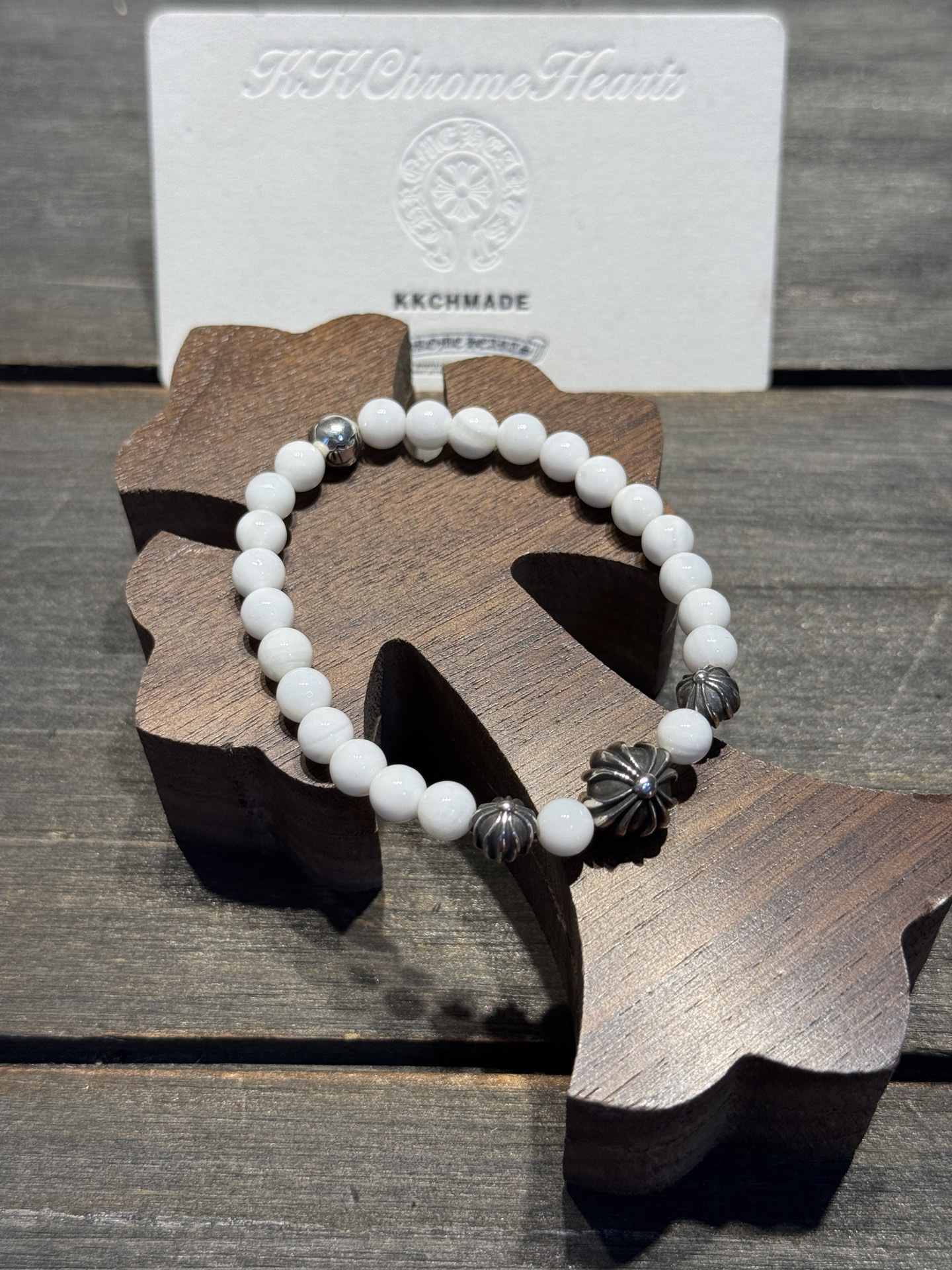 White agate and silver bead bracelet, available now.