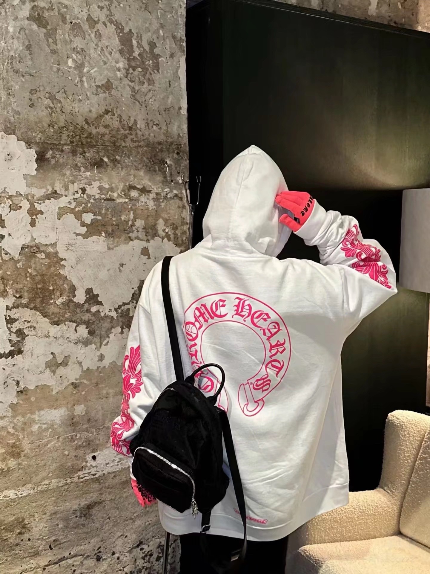 Chrome Hearts Pink Horseshoe Flower Sleeve Hooded Zip-Up SweatshirtSize: S M L XL