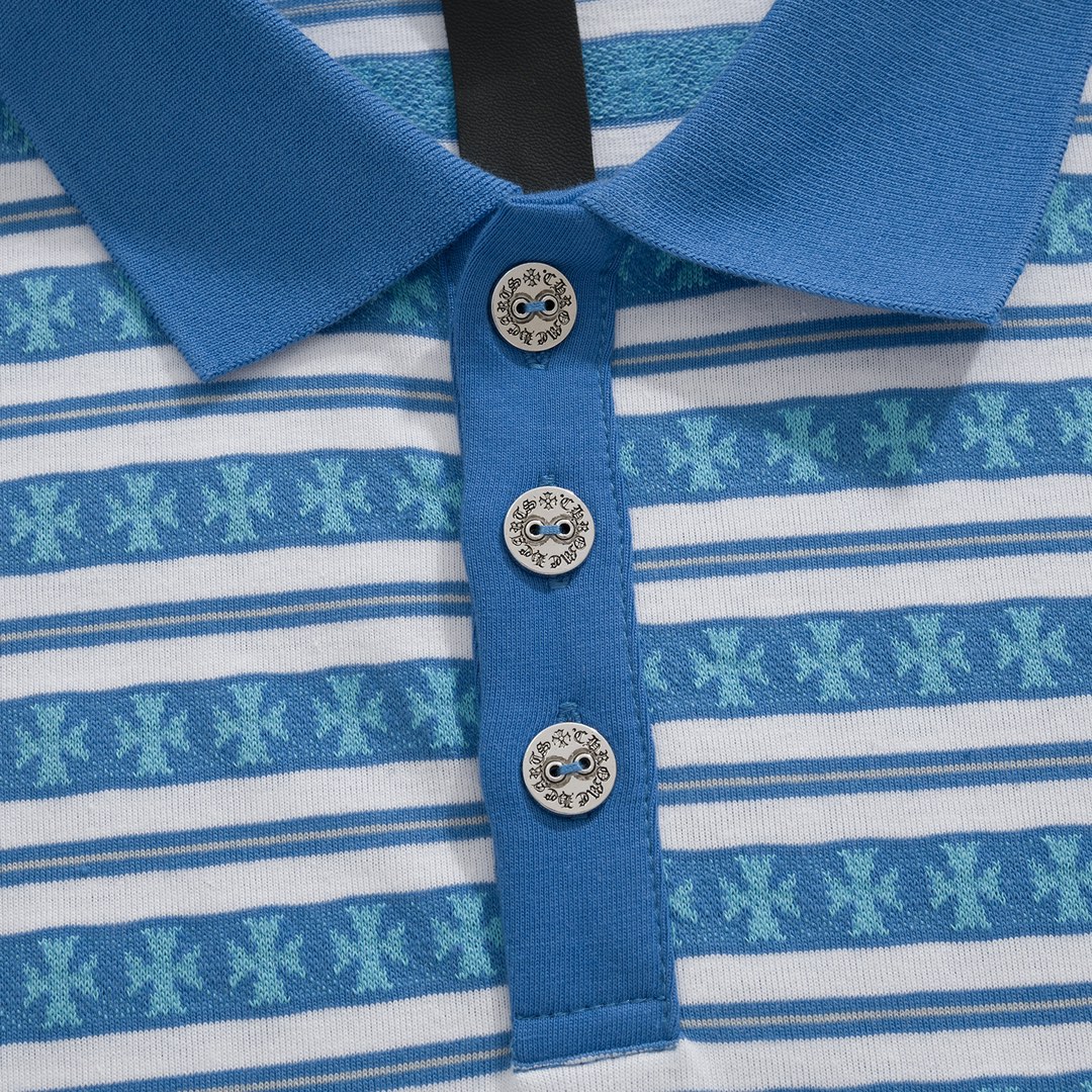 New Arrival: Chrome Hearts C2023FW CH Jacquard Striped Polo Long-Sleeve T-Shirt. Custom-dyed jacquard cross fabric, four colors available. Custom buttons on the neckline, embroidered chest, custom-dyed ribbed fabric. Sizes: S-L. Unisex.