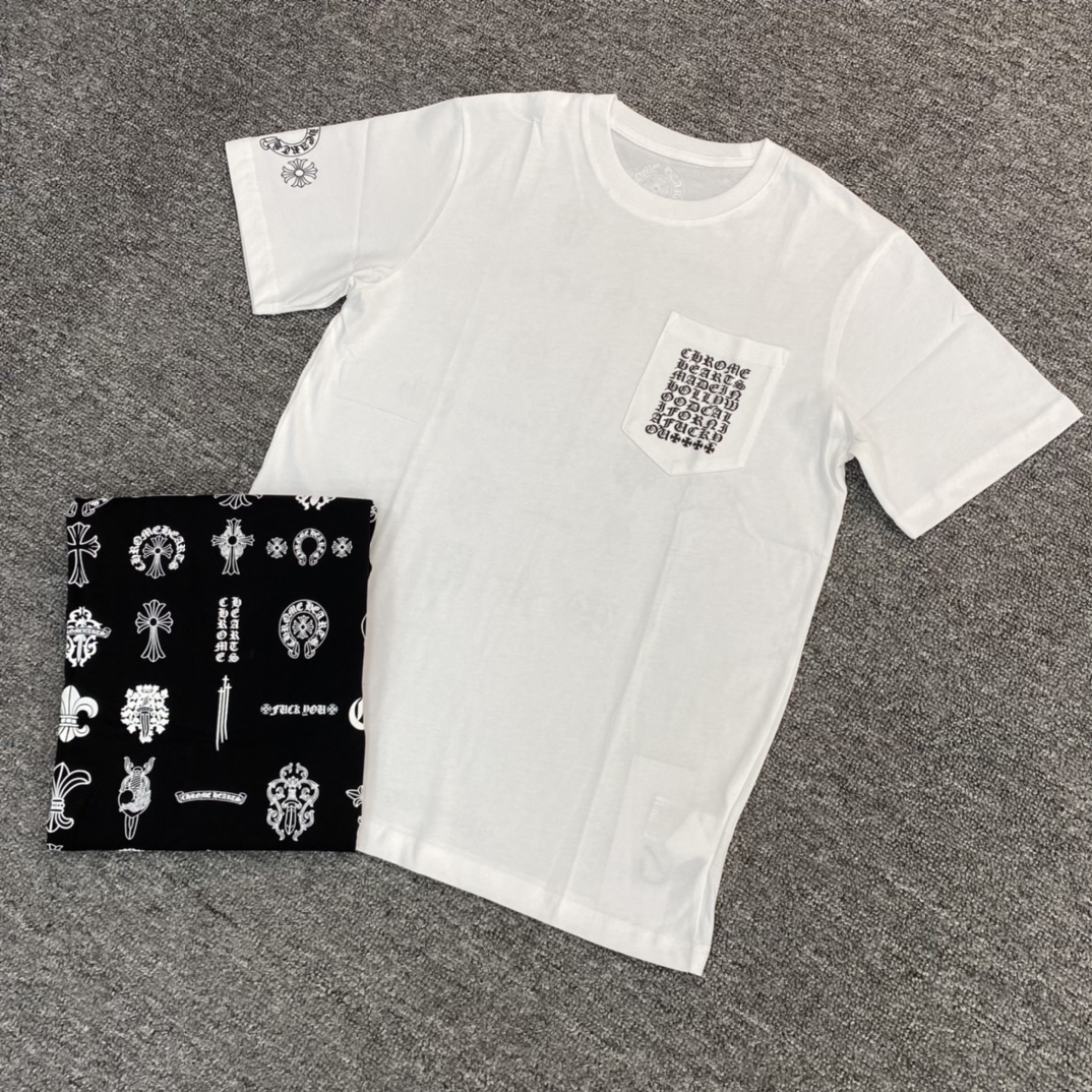 Chrome Hearts CH Sanskrit multi-element short-sleeved shirt, featuring a front patch pocket with a gothic logo, brand label print on the side sleeves, and a multi-element logo design on the back. Made of 100% cotton. Sizes: S, M, L, XL, XXL