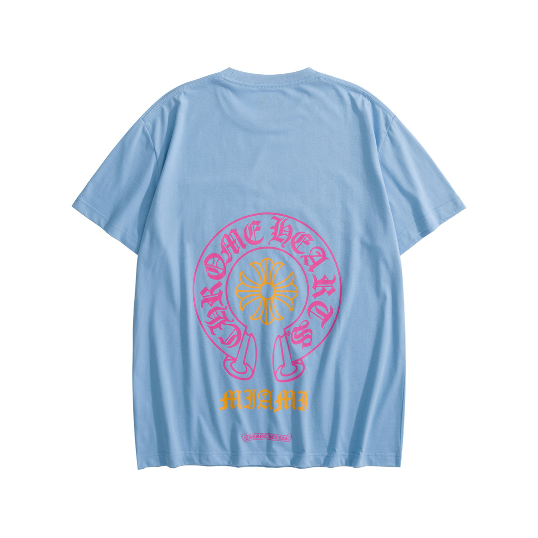 CH Miami Exclusive Horseshoe Print Short-Sleeve T-ShirtIdentical dark print, distressed washed dusty blue, exclusive wash process for a retro look. Made with 190g thickened fabric for a crisp and structured fit. Double stitching reinforces the neck