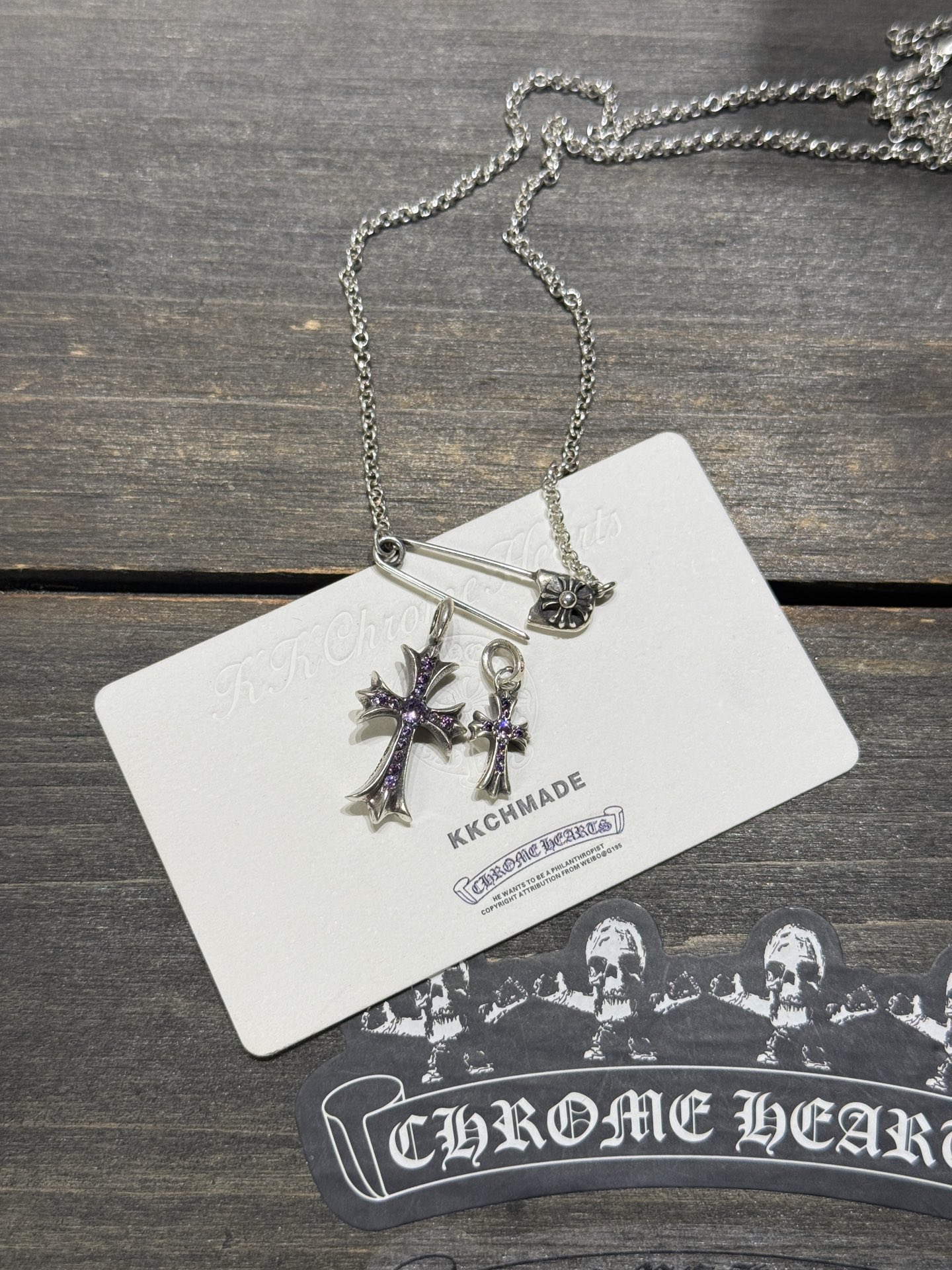 925 Sterling Silver, Double Cross Inlaid with Purple Diamonds, Top-Tier Setting and Engraving Details. Outshines all others on the market; the best in China, bar none.