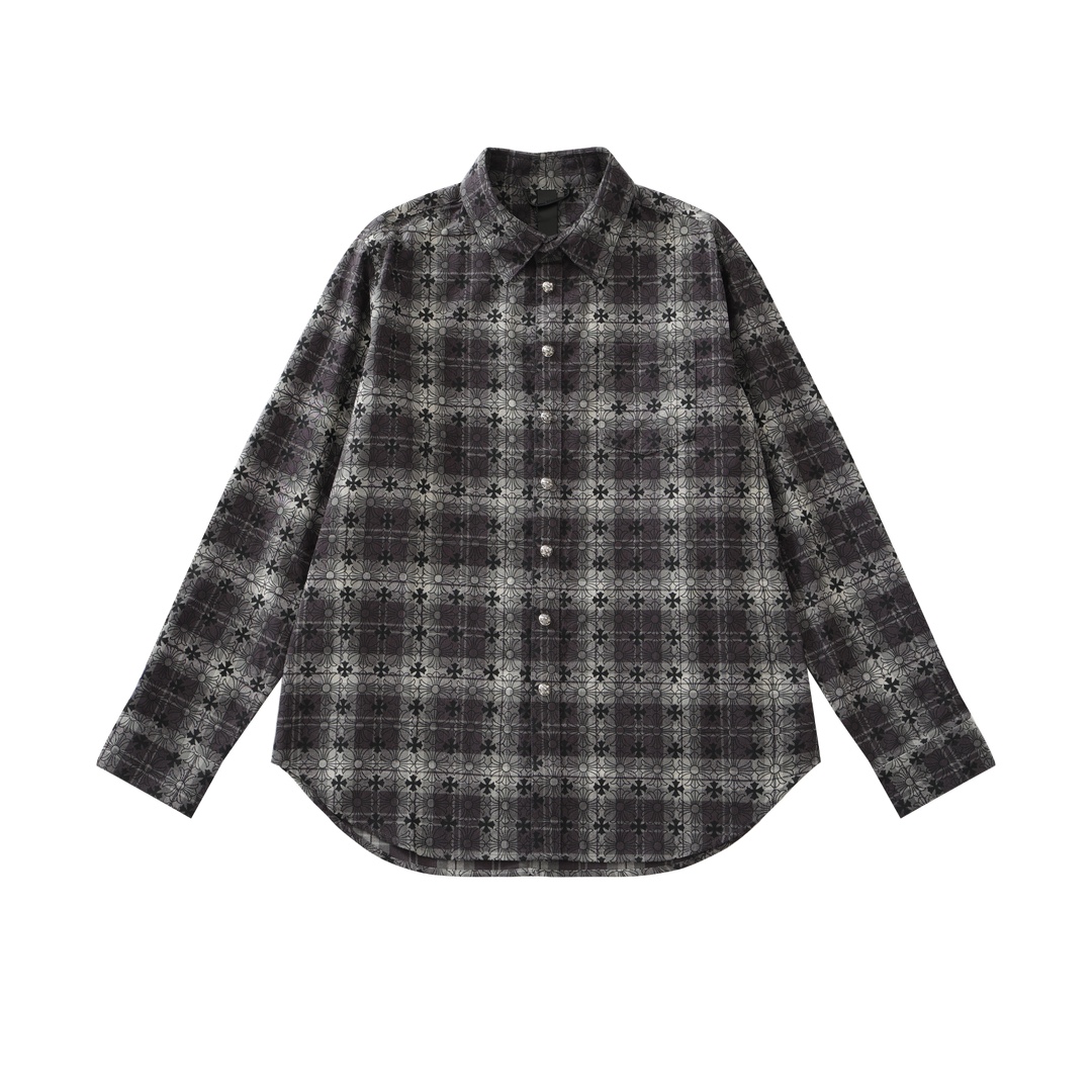 CH's new all-over print shirt with subtle pattern. All sizes are now available. Made of 100% cotton sesame-patterned checkered fabric with a subtle print. Hand-cut with matching patterns throughout. Custom genuine leather hand-embroidered sleeves. Cu