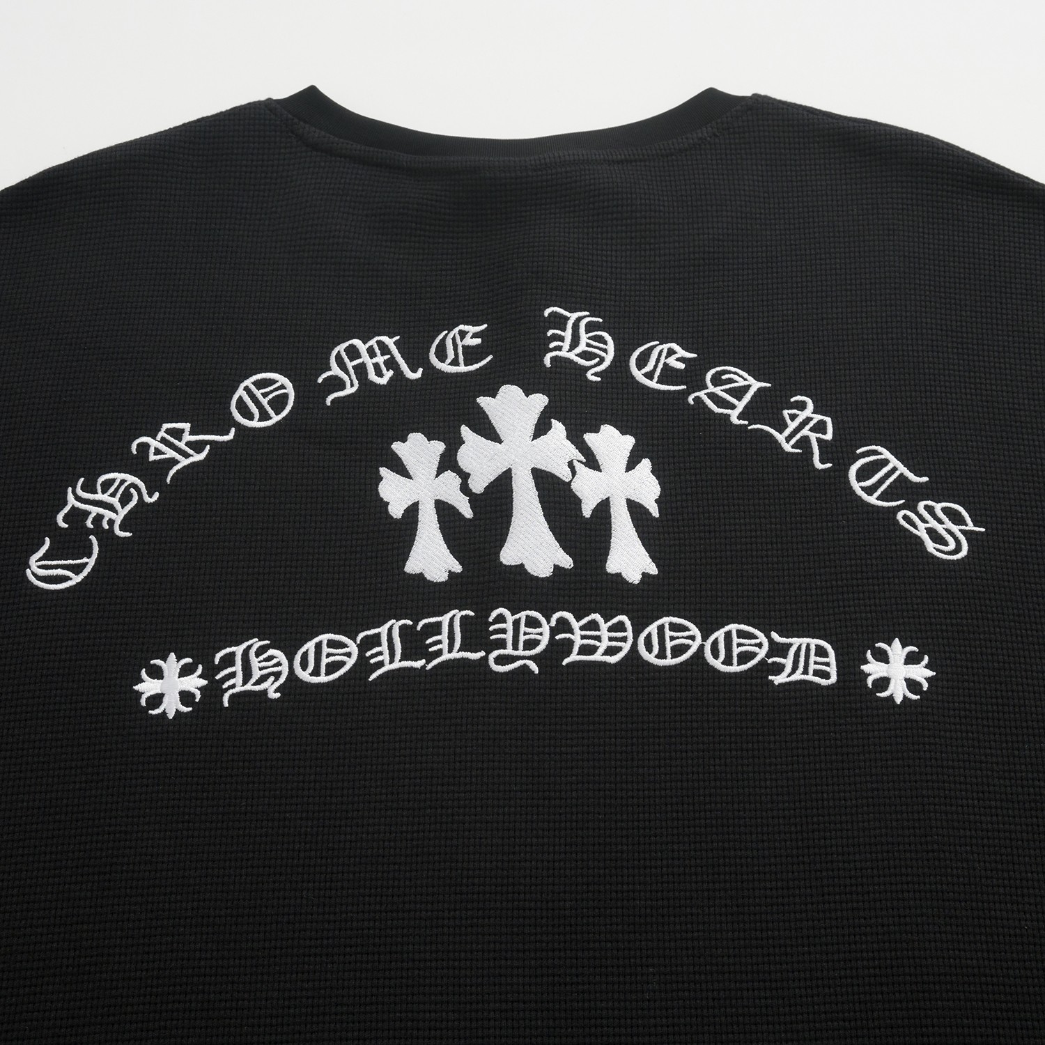 CH Chrome Hearts Open-Chest Waffle Gown with Cross PrintCustom-dyed waffle gown fabric, custom buttons, leather patch, cross embroidery on the backSizes: S, M, L