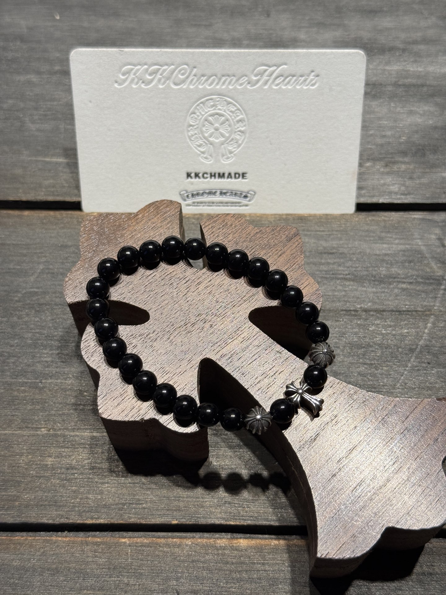 Obsidian and silver bead bracelet, available in stock.