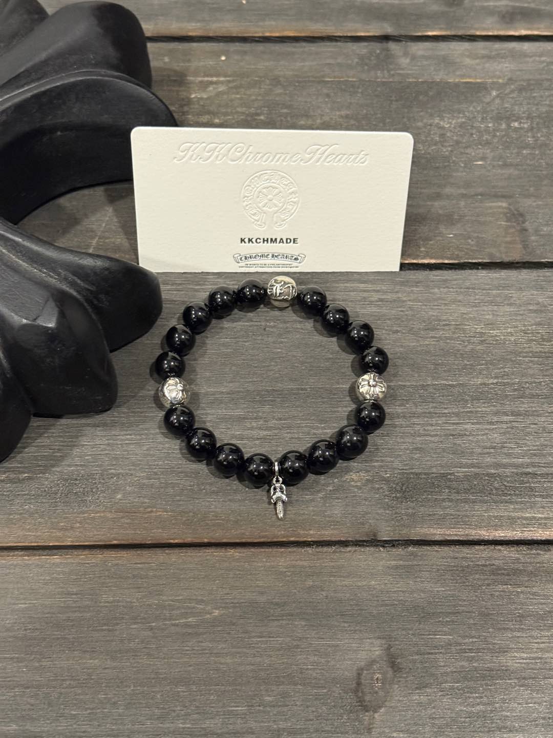 Customer order: Obsidian sword with 4 silver beads