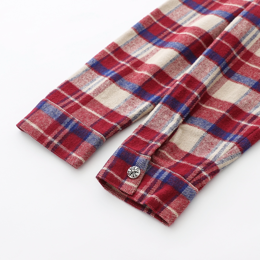 CH New Flannel Plaid Half-Zip Shirt. Made with 11-count double-ply 240g (260g after washing) cotton blend flannel. Features include brushed front, laser infrared positioning, hand-cut tailoring, and all-around alignment. Custom 18mm snap buttons, cus
