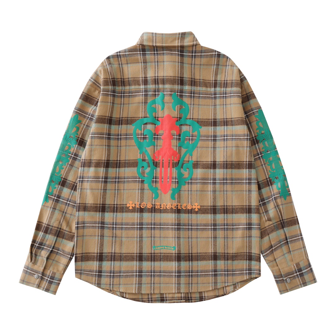CH's new flannel sword plaid shirt. All sizes are now available. Made with 11-count double-ply 240g (260g after washing) cotton blend flannel. Features include brushed front, laser infrared positioning, hand-cut for perfect alignment, silkscreen prin