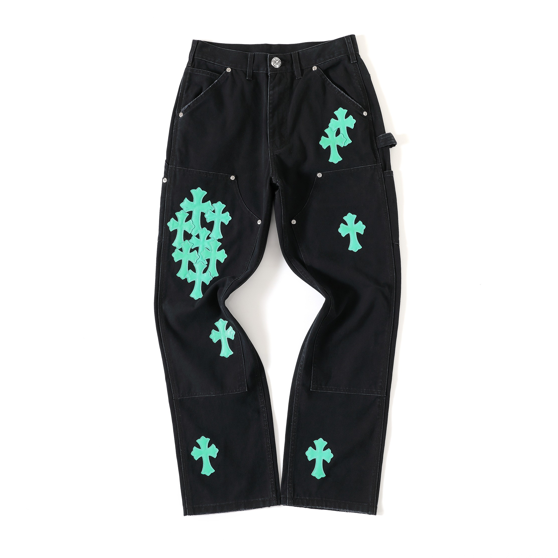 CH Distressed Carhart Style Work Pants with Green Leather PatchesThe fabric is a high-density, high-count, high-resin reactive black cotton Juvan.The fabric's high thread count and density give it a three-dimensional look.It's thick yet soft an