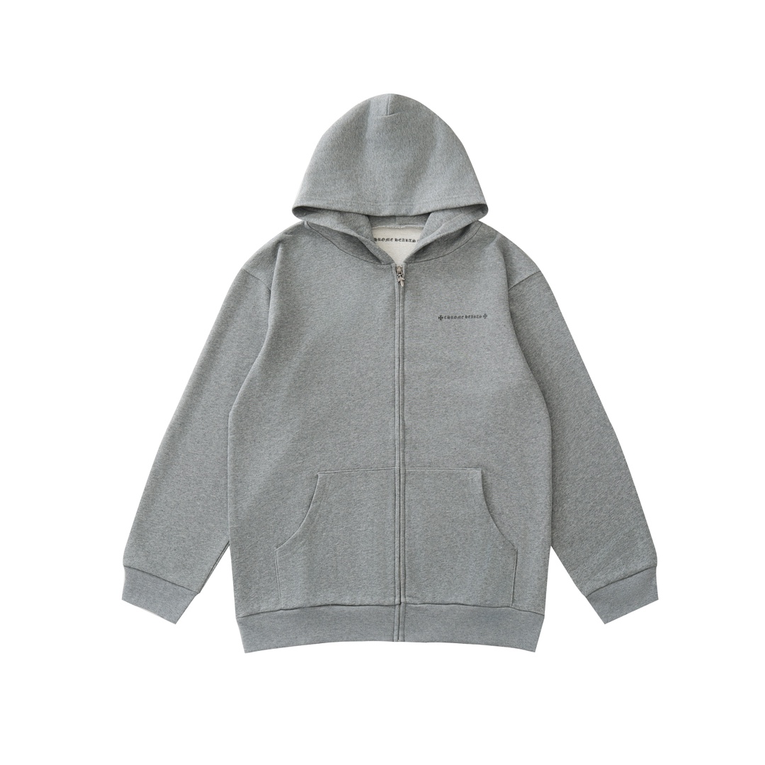 CH's new limited edition sword-patterned zip-up hoodie in grey. All sizes available. Made of 380g 100% cotton. The print uses a combination of offset printing and glossy printing techniques. Custom zipper and accessories. Unisex style. A strong stree