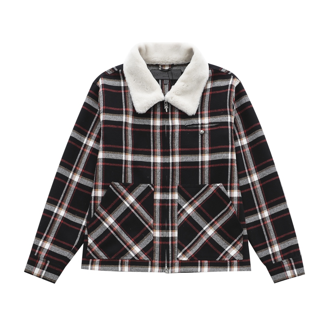 CH New style plaid shirt with lamb's wool collar. Two colors and all sizes available. Made with 11-count double-ply 240g cotton yarn (260g after washing). Laser infrared positioning. Hand-cut for perfect alignment. (Custom-woven black jacquard lining