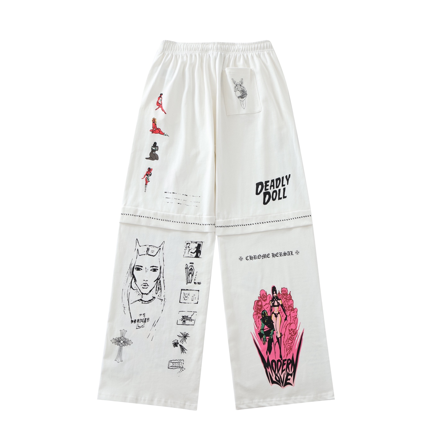 CH DeadlyDoll comic book trousers, white. All sizes available. Originally purchased from Hangzhou Guozhuan for 12,800 RMB. Made of 350g knitted cotton. Printed with imported plastisol technology. Custom metal drawstring closure. Loose fit. Unisex. Ex