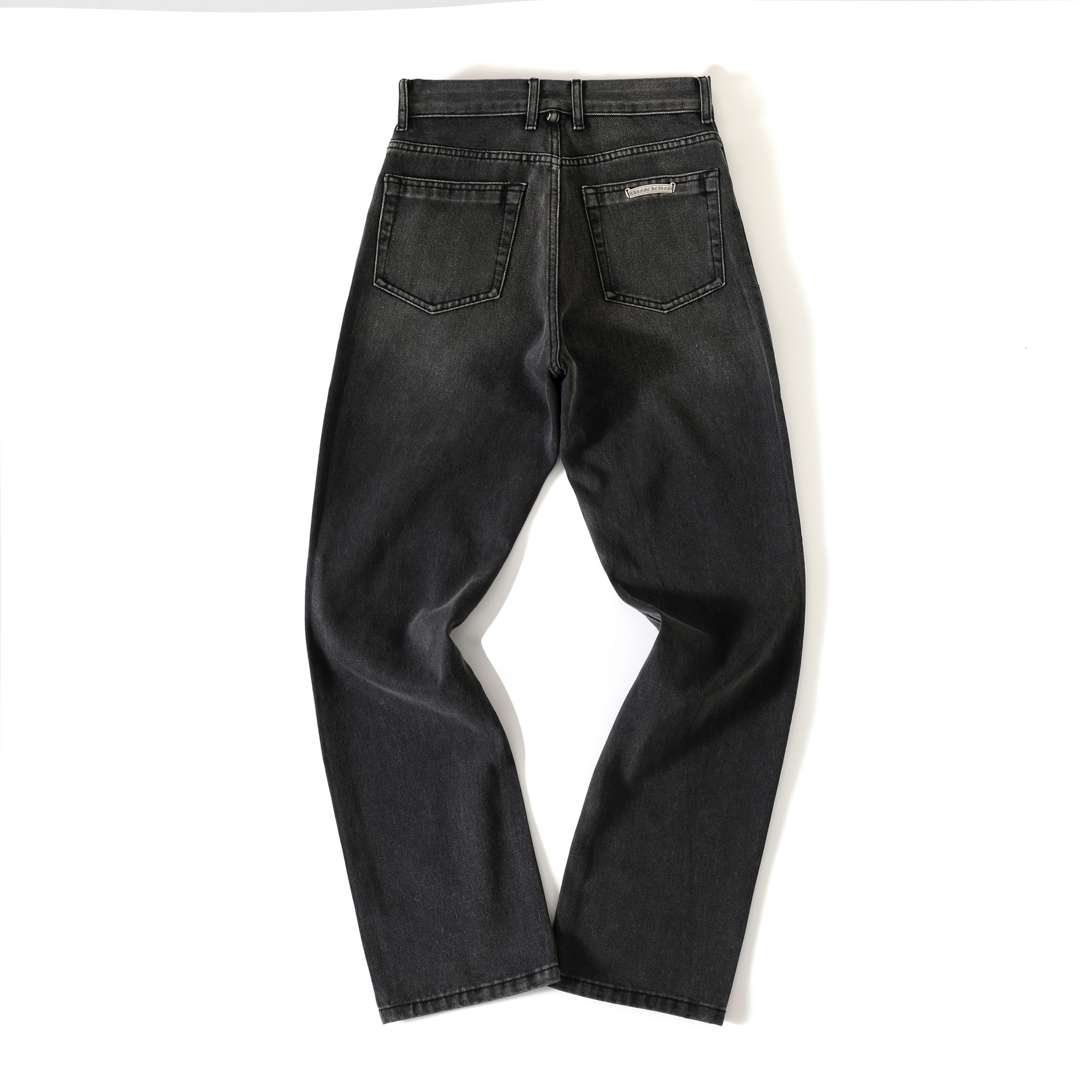 CH Limited Edition Gray Knee-Washed Jeans with Flame Design. Features a distressed, heavily washed knee design. This style is not form-fitting and can be worn as a base layer. Natural wash, comfortable and versatile. Sizes 27, 28, 30, 32, 34, 36.