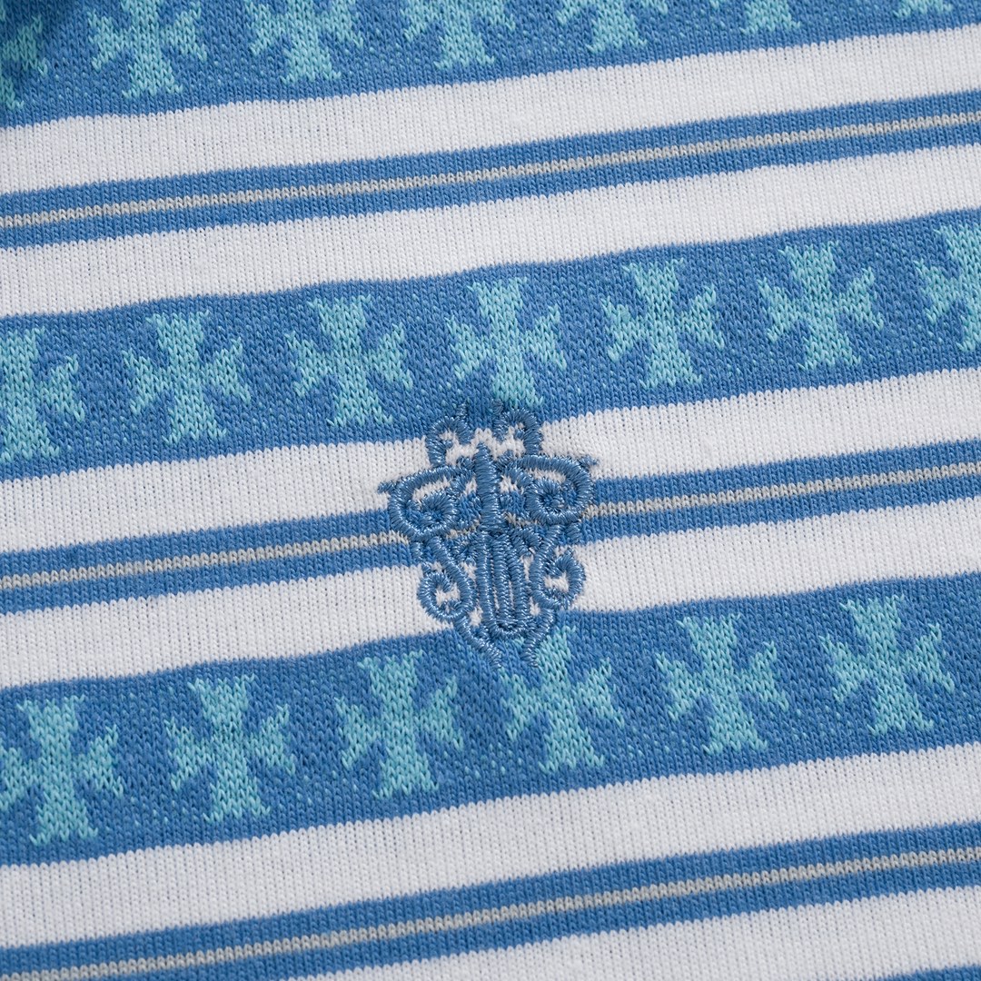 New Arrival: Chrome Hearts C2023FW CH Jacquard Striped Polo Long-Sleeve T-Shirt. Custom-dyed jacquard cross fabric, four colors available. Custom buttons on the neckline, embroidered chest, custom-dyed ribbed fabric. Sizes: S-L. Unisex.