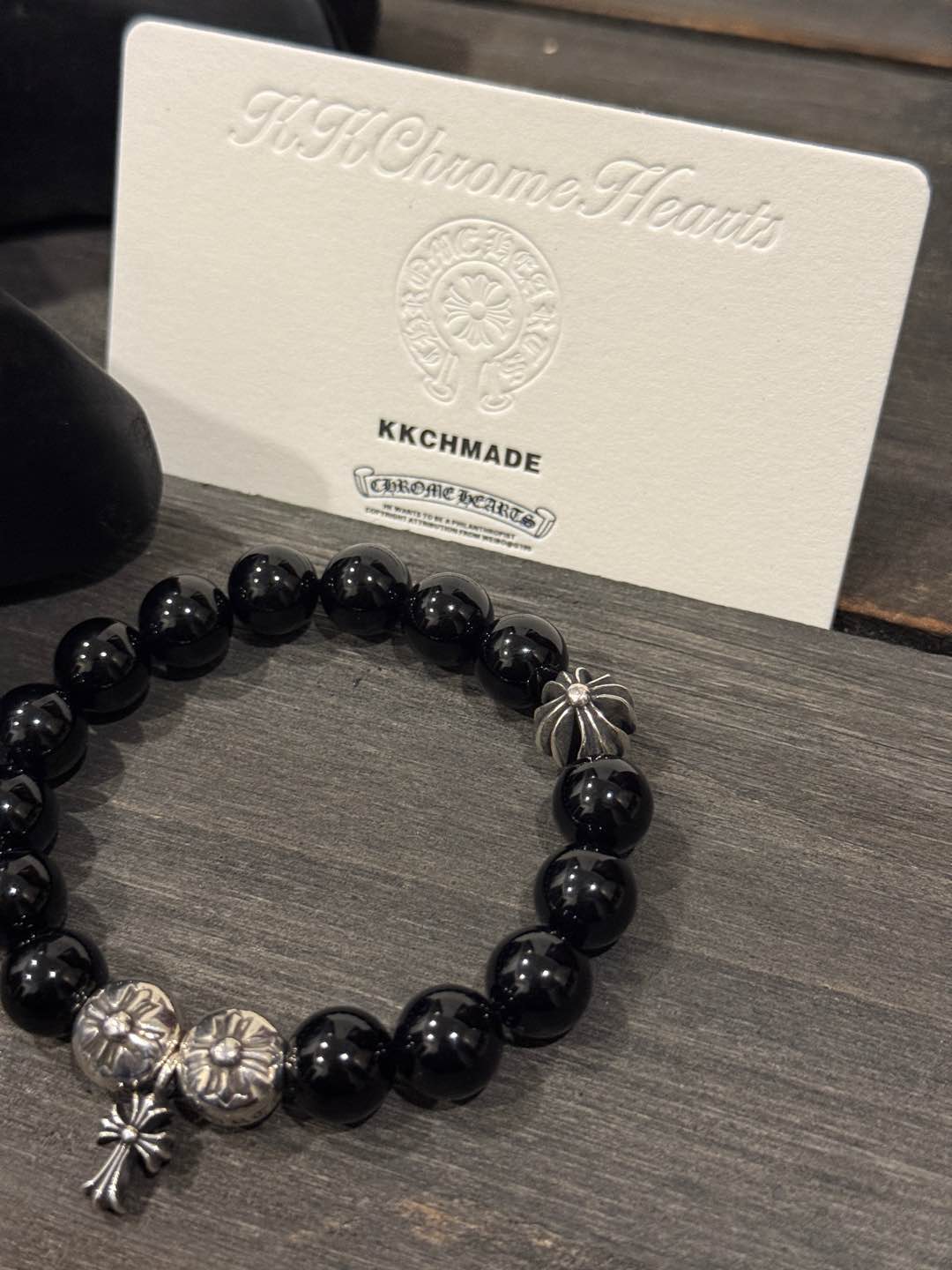 Customer order: Obsidian Cross 4-Silver Bead Bracelet