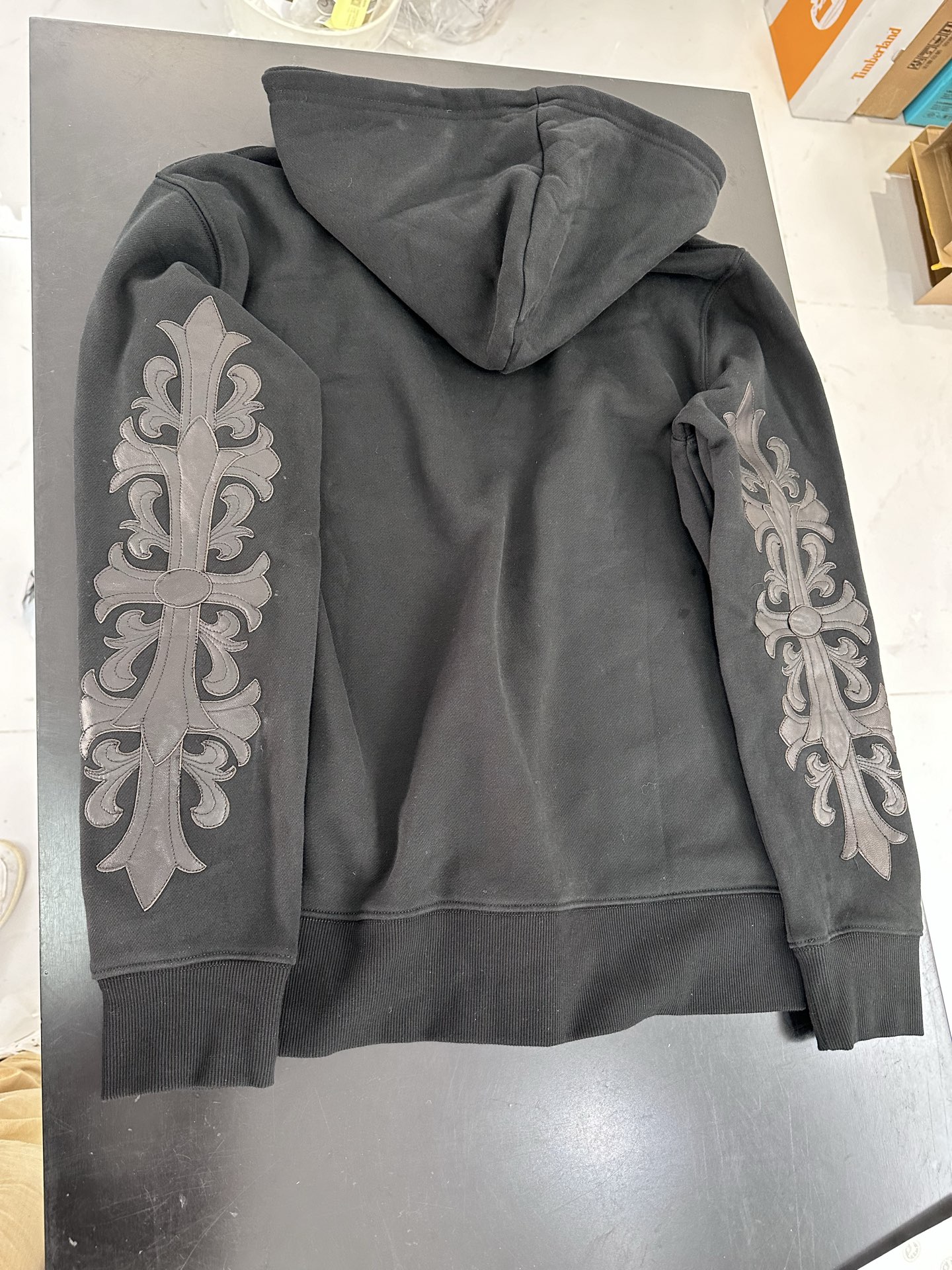 Chrome Hearts Black Handcrafted Double-Arm Vine-Patterned Leather Sweatshirt JacketSizes: XS-XLHardware: White Brass Plated Silver/925 Silver