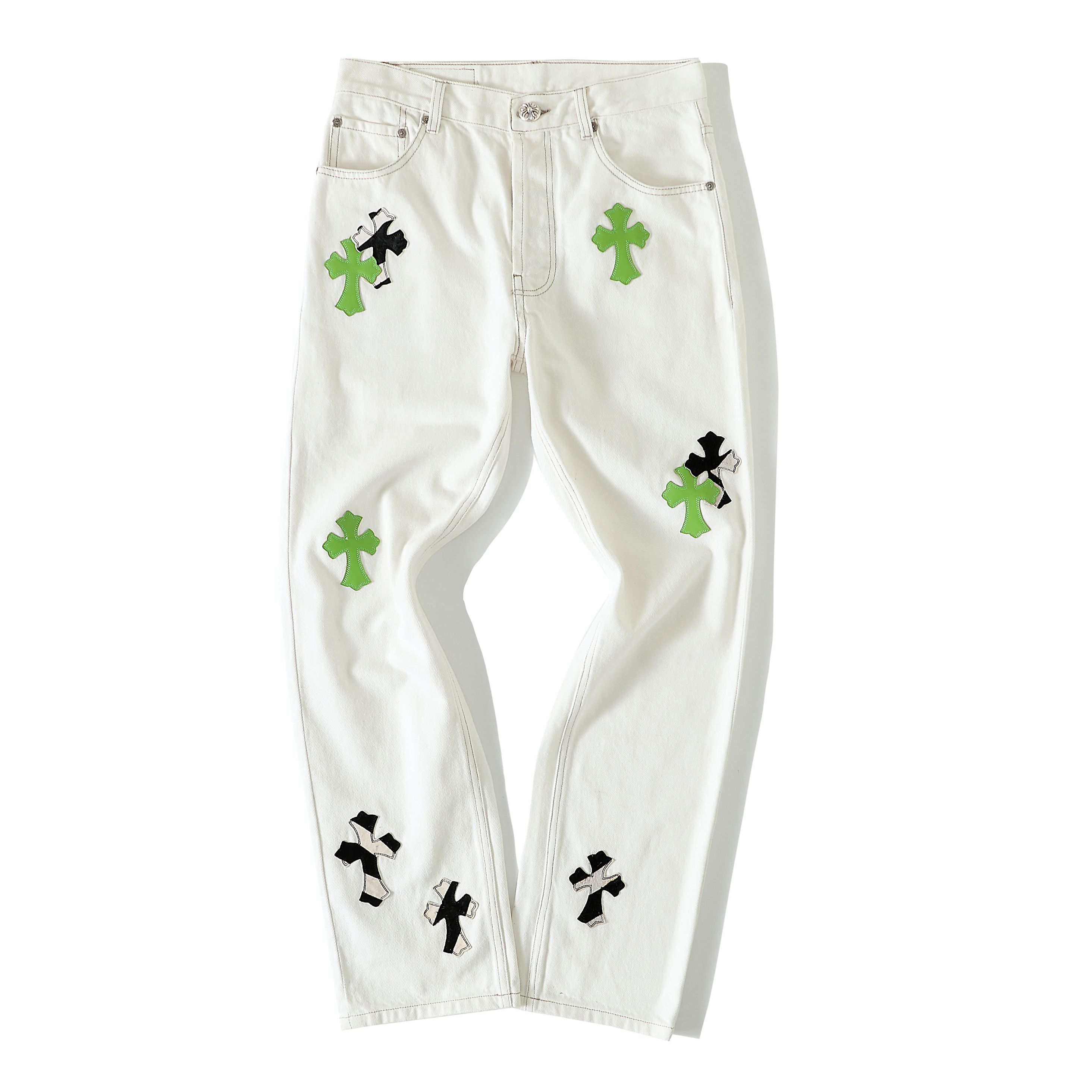Horsehair Apple Green Cross JeansWe've released men's and women's versions of these jeans, as they look great on women too!The cross is made from genuine horsehair.Exclusive, authentic version available. Feel free to compare from any angle!Th
