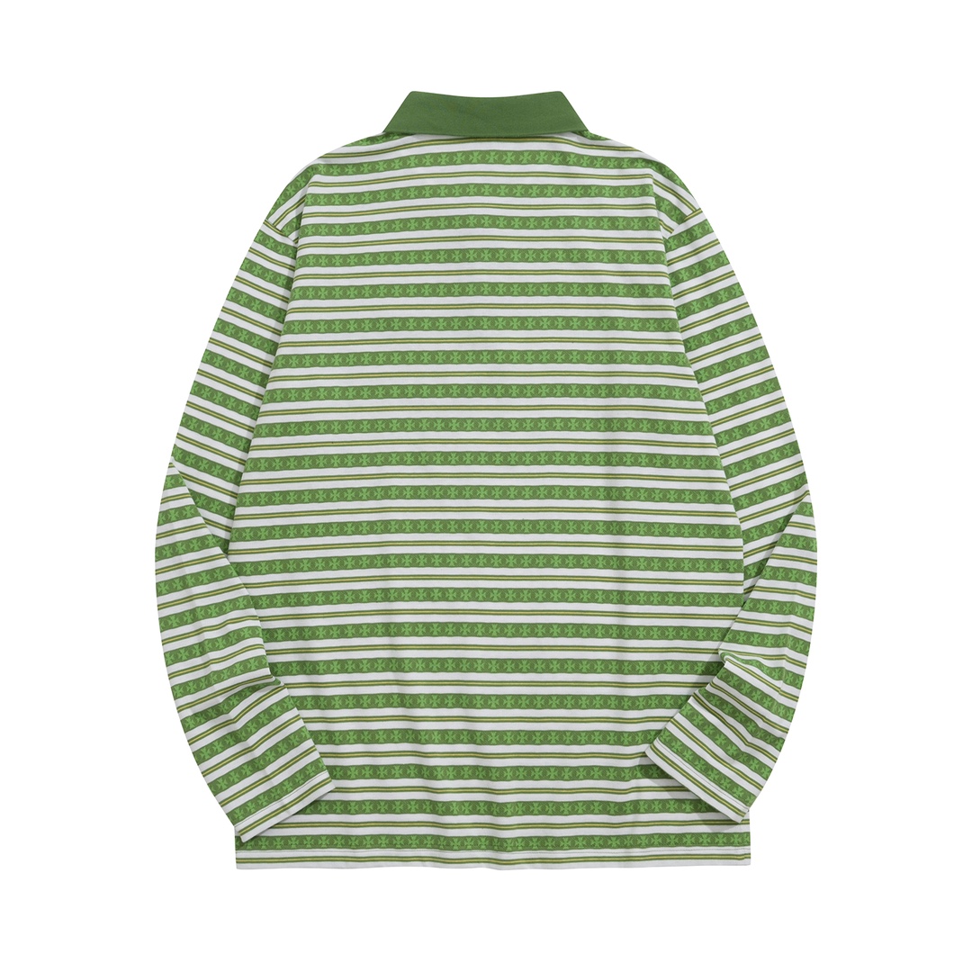 New Arrival: Chrome Hearts C2023FW CH Jacquard Striped Polo Long-Sleeve T-Shirt. Custom-dyed jacquard cross fabric, four colors available. Custom buttons on the neckline, embroidered chest, custom-dyed ribbed fabric. Sizes: S-L. Unisex.