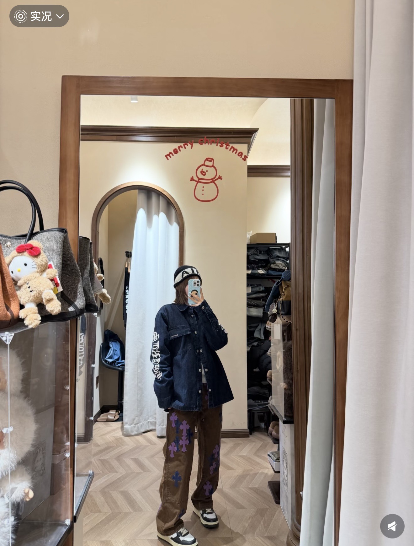 Chrome Hearts logo on the arm with Sanskrit lettering; large silver scroll and cross design on the chest; blue denim jacket. Sizes: S, M, L.