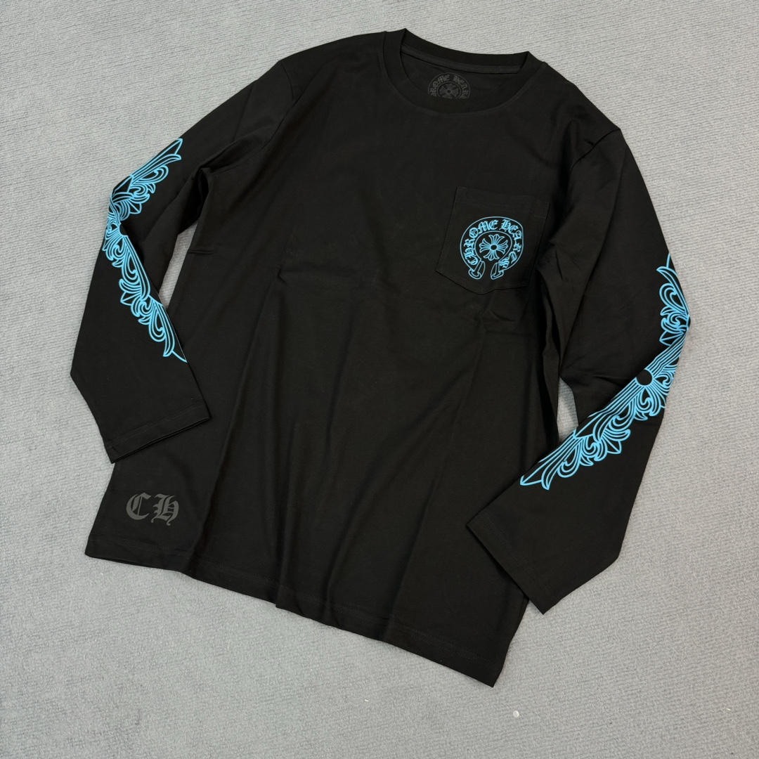 Chrome Hearts CH Blue Horseshoe Long-Sleeve Shirt180g pure cotton fabric, custom-dyed, with imported ink 3D printing, different from other mismatched versions on the market. Bulk stock available for immediate shipment.Sizes: S M L XL