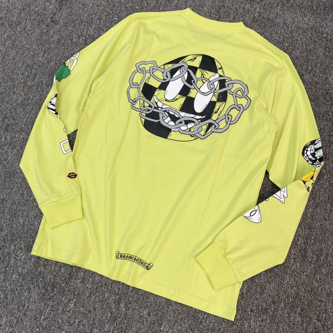 Chrome Hearts Limited Edition Apple Green Long-Sleeve ShirtFurthermore, the fabric is custom-woven and dyed at 40% thread count, 230g pure cotton, with single-sided reactive dyeing. The entire garment features a hand-printed print using thermosetti