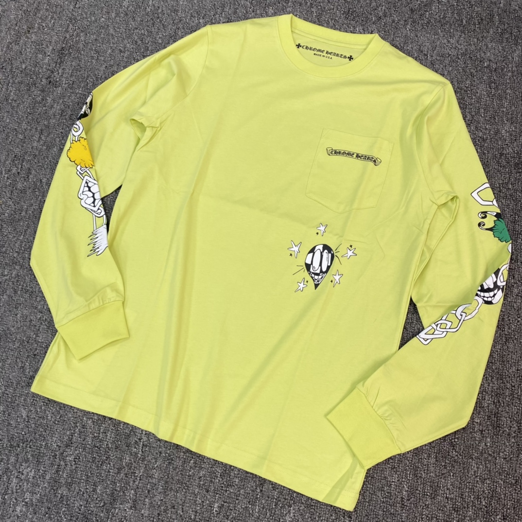Chrome Hearts Limited Edition Apple Green Long-Sleeve ShirtFurthermore, the fabric is custom-woven and dyed at 40% thread count, 230g pure cotton, with single-sided reactive dyeing. The entire garment features a hand-printed print using thermosetti