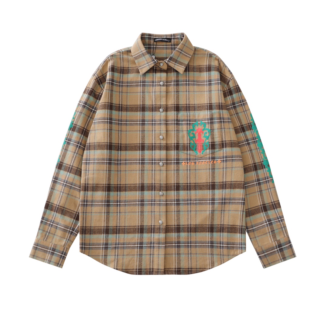 CH's new flannel sword plaid shirt. All sizes are now available. Made with 11-count double-ply 240g (260g after washing) cotton blend flannel. Features include brushed front, laser infrared positioning, hand-cut for perfect alignment, silkscreen prin