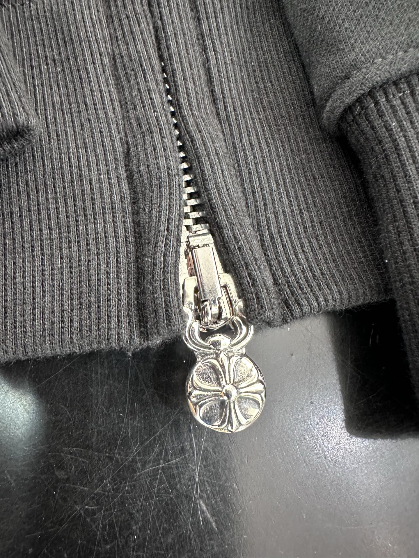 Chrome Hearts Black Handcrafted Double-Arm Vine-Patterned Leather Sweatshirt JacketSizes: XS-XLHardware: White Brass Plated Silver/925 Silver