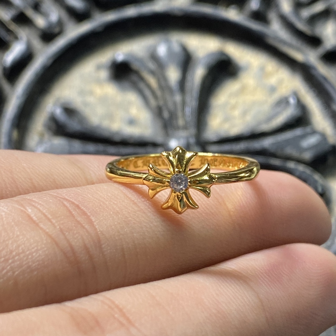 Authentic KkChrome Hearts 22k Gold Single Diamond Cross Flower Ring