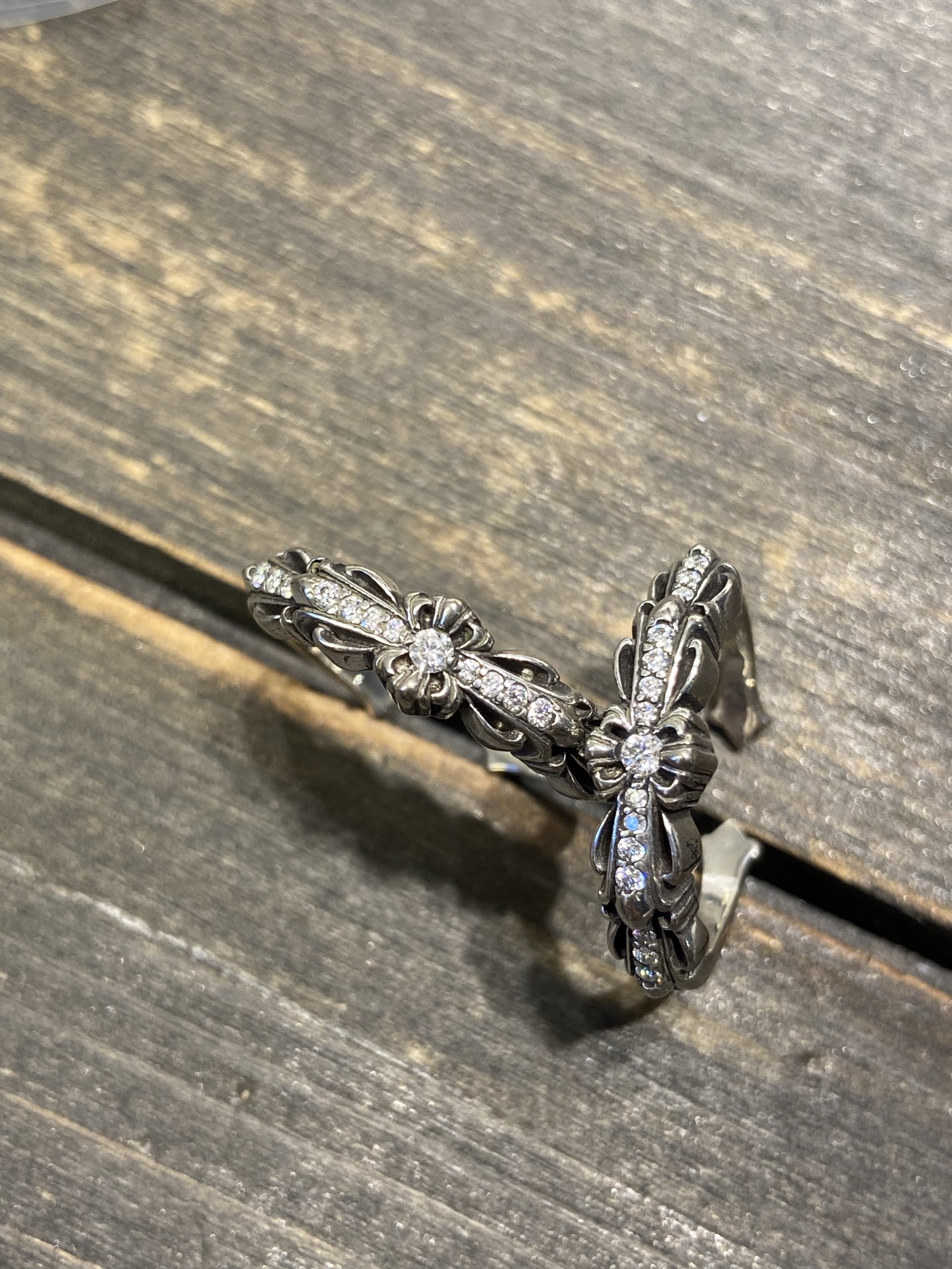 Narrow-cut open cross pattern with full diamonds - available now.