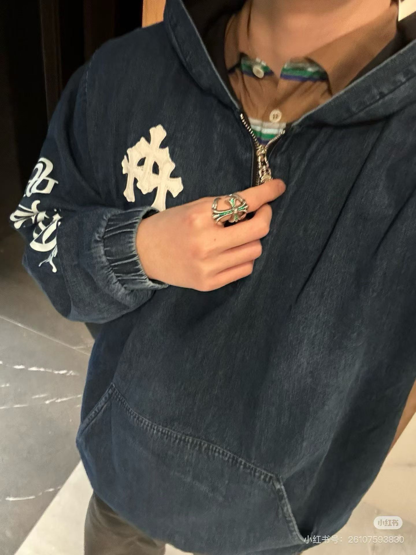 Chrome Hearts Denim Cross-Panel Leather Half-Zip HoodieSize: S M L XL