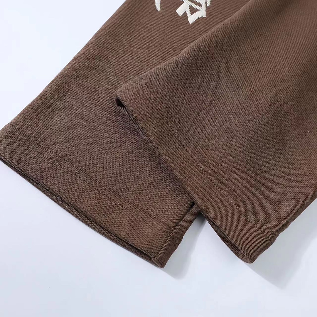 CH Chrome Hearts Limited Edition Chestnut Brown Casual Fleece-Lined Sweatpants. Custom-woven and dyed 480g thickened pure cotton knit fabric with imported top-grain lambskin (not ordinary synthetic leather). Custom-made silver decorative buckles. War