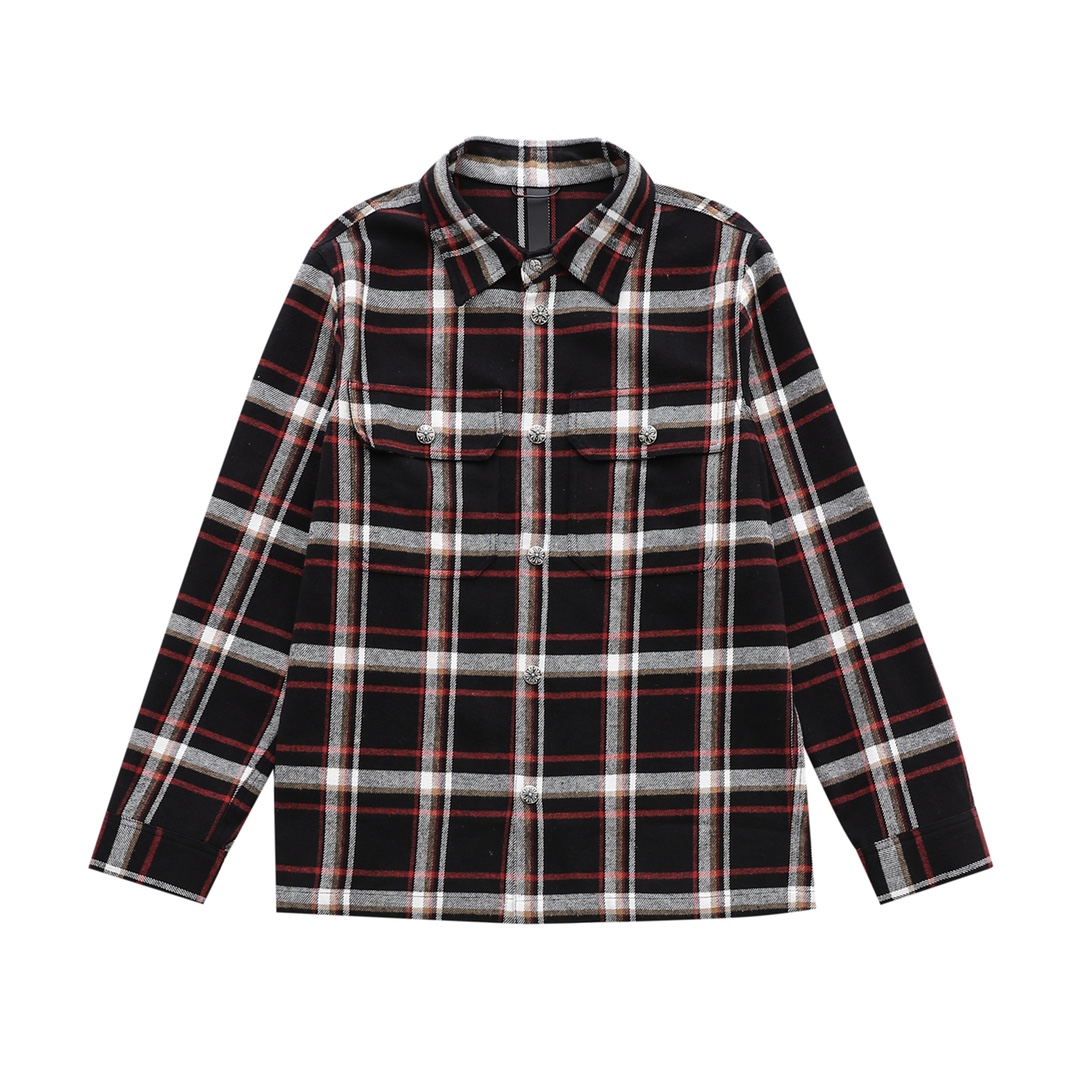 CH's new flannel plaid shirt in black and red. All sizes are now available. Made with 11-count double-ply 240g (260g after washing) cotton blend flannel. Features include brushed front, laser infrared positioning, hand-cut tailoring, and precise alig