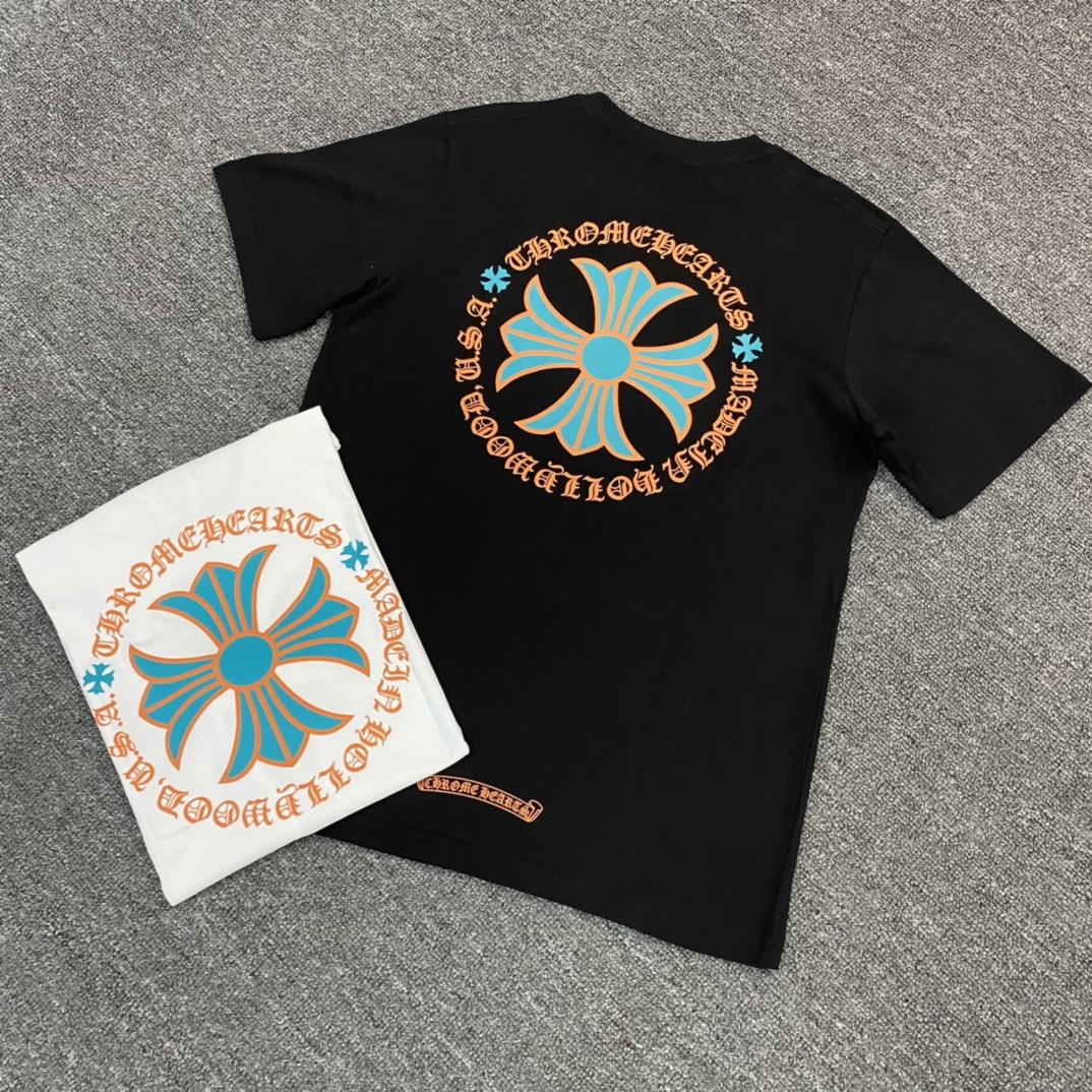 Chrome Hearts Miami Exclusive Orange Cross Short-Sleeve T-ShirtFurthermore, the fabric is custom-woven and dyed at 40% weave, 230g pure cotton, single-sided reactive dyeing. The entire garment features a hand-printed thermosetting ink, resulting in