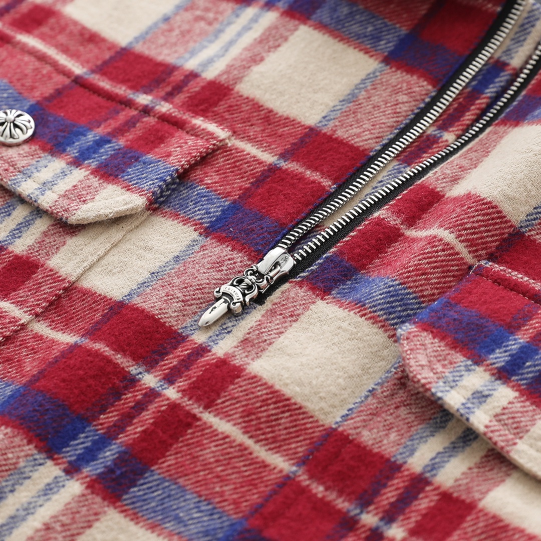 CH New Flannel Plaid Half-Zip Shirt. Made with 11-count double-ply 240g (260g after washing) cotton blend flannel. Features include brushed front, laser infrared positioning, hand-cut tailoring, and all-around alignment. Custom 18mm snap buttons, cus