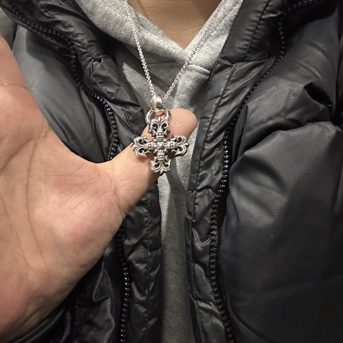 Customer order: Small Flame Cross + Pearl Necklace