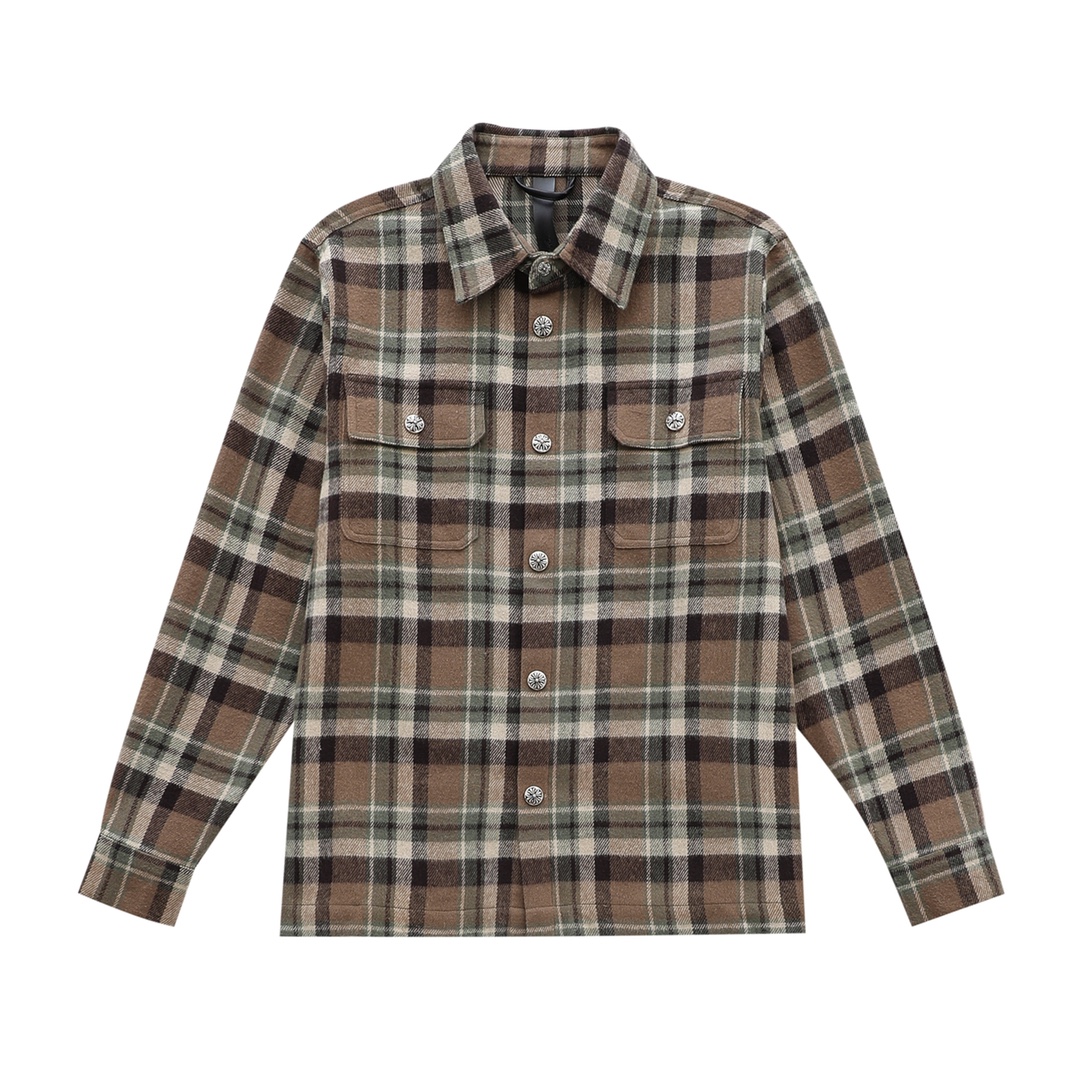 CH New Flannel Plaid Shirt. Made with 11-count double-ply 240g (260g after washing) cotton blend flannel. Features include brushed front, laser infrared positioning, hand-cutting, and all-around alignment. Custom 12mm and 18mm snap buttons, custom 92