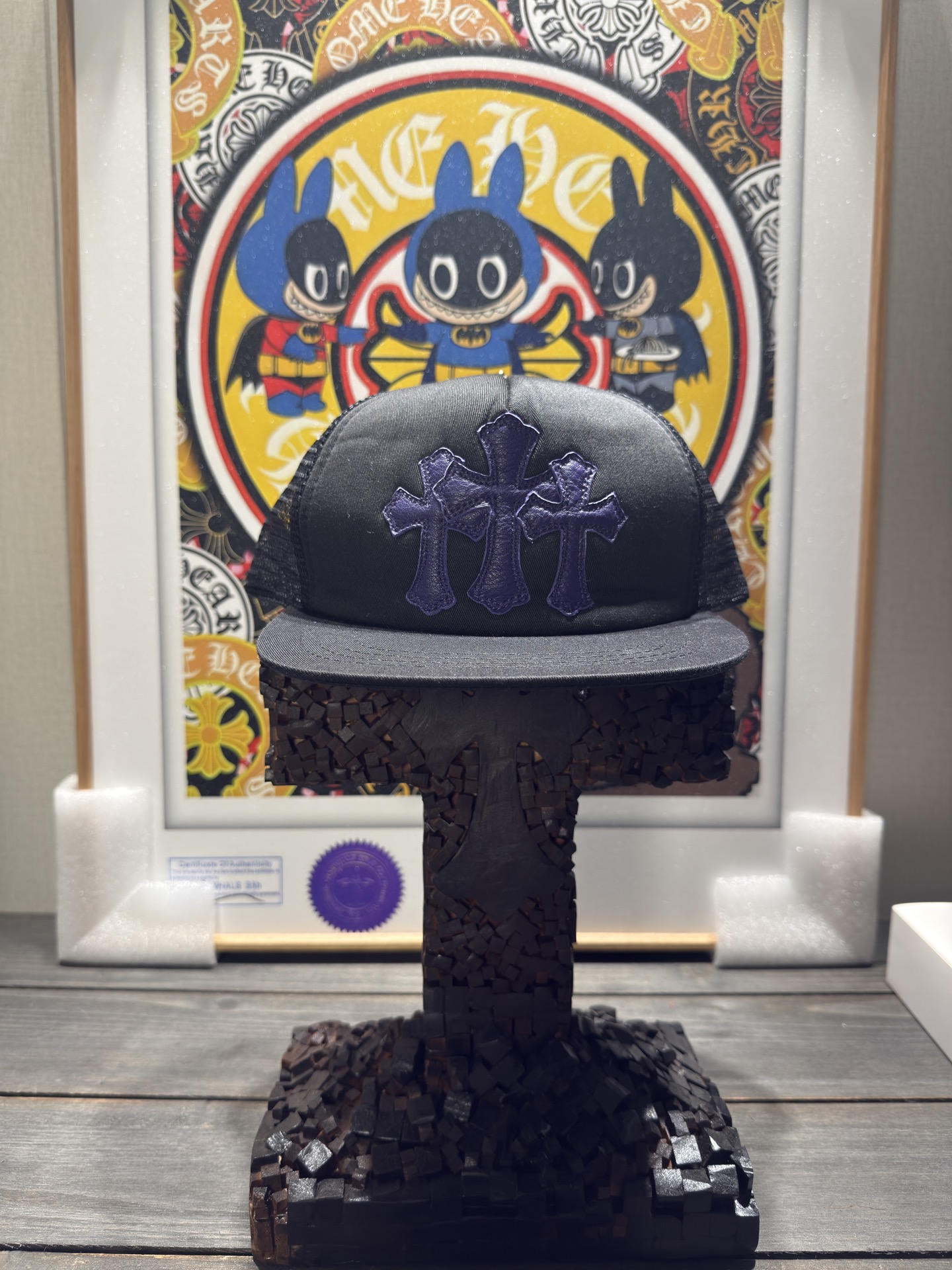 Custom-ordered 30-cross baseball cap with sterling silver buckle and premium car emblem.